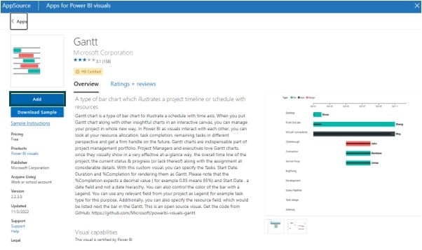 Power BI Gantt Chart - Step 3 - Appsource - Add