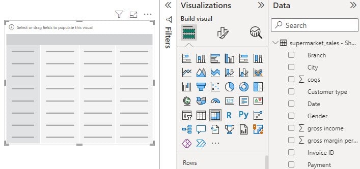 Power BI Matrix Visual - Example 1 - Step 2 - blank visual