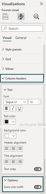 Power BI Matrix Visual - Example 1 - Step 8 - Auto Size