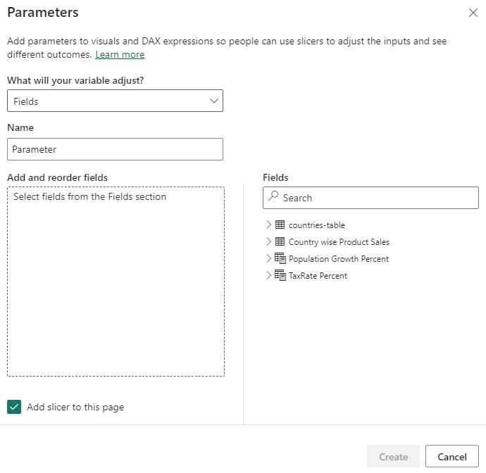 Power BI Parameters - use - Step 1 - Fields Option