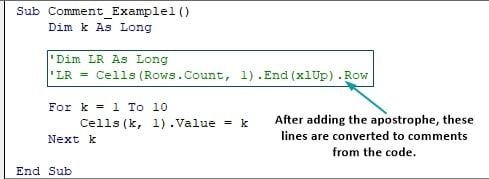 VBA Comment - Example 1 - Apostrophe