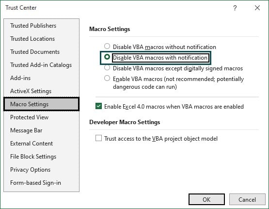 Enable Macros in Excel - Macro Settings