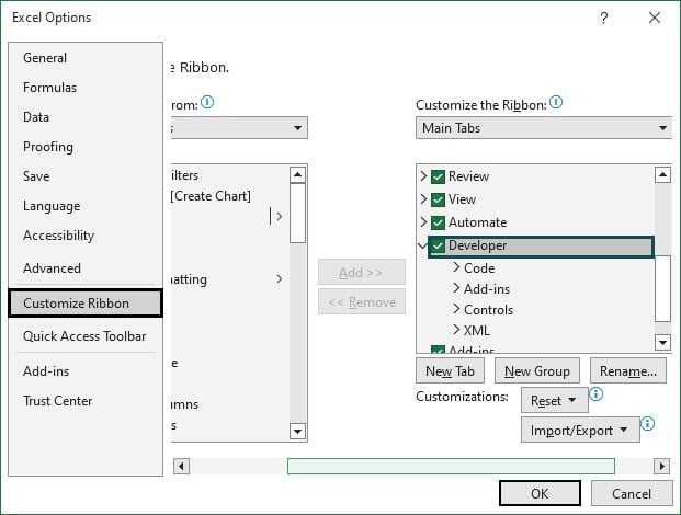Insert Button in Excel - Step 4 - Customize Ribbon