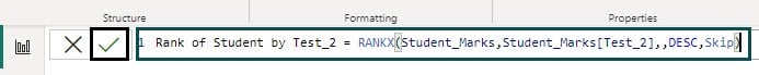 Power BI RankX - Example 1 - Step 3 - Rank of Test2