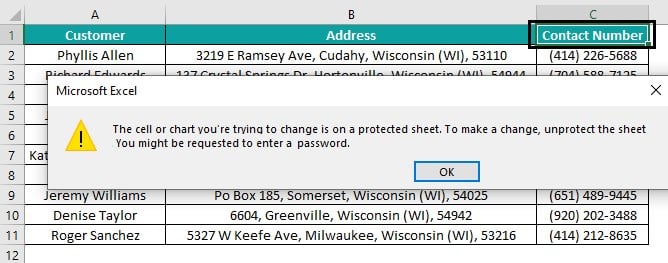 Protect Sheet in Excel - cells - Basic Example - Warning Message