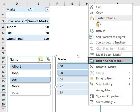 PivotTable Connections menu