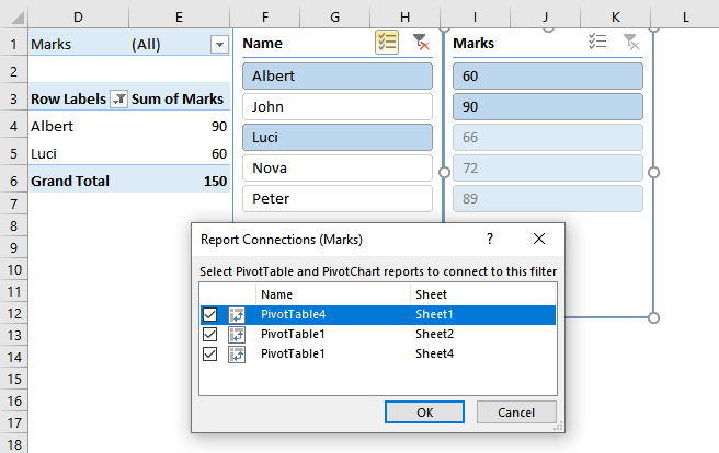 PivotTable connections menu checkboxes