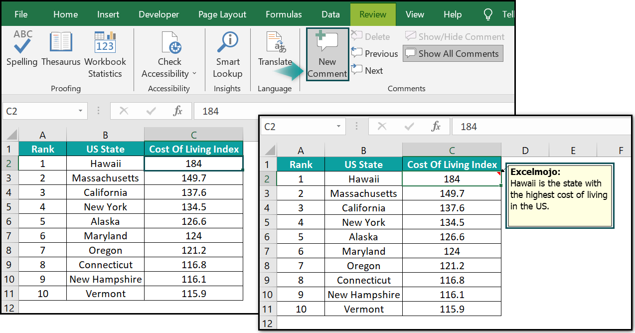 Insert Comment In Excel Example - 2