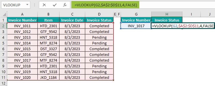 Lookup Table in Excel - Example 1 - Step 2 - bracket close