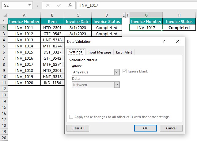 Lookup Table in Excel - Example 1 - Step 4 - Data validation