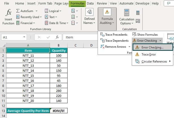Find Errors in Excel - Method 2 - Error checking
