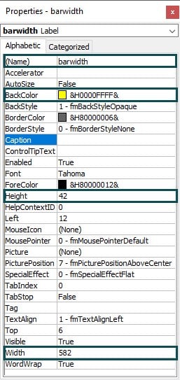 VBA Progress Bar - Example 1 - Step 7 - label properties.jpg