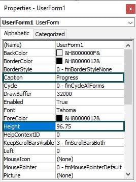VBA Progress Bar - Step 2 - Properties.jpg