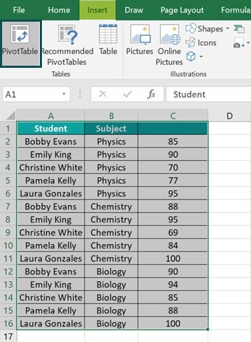 Pivot Table field Name not Valid - Example 1 - Step 1