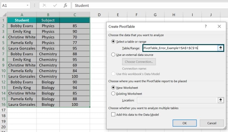 Pivot Table field Name not Valid - Example 1 - Step 1 - Range