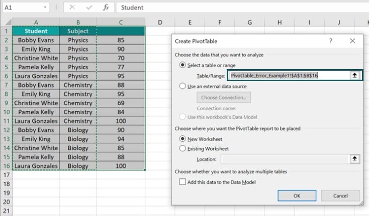 Pivot Table field Name not Valid - Example 1 - Step 1 - create