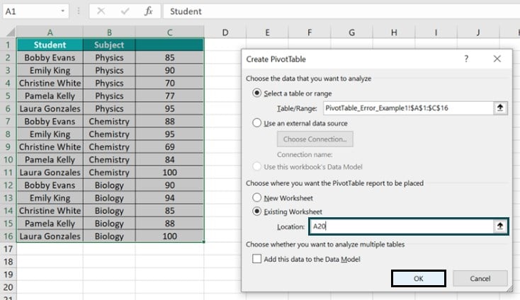 Pivot Table field Name not Valid - Example 1 - Step 2