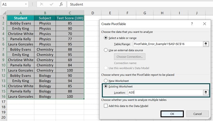 Pivot Table field Name not Valid - Example 1 - Step 6.1