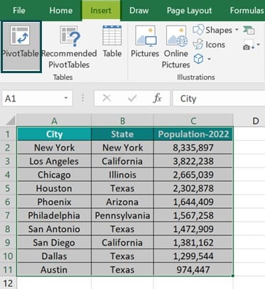 Pivot Table field Name not Valid - Example 2 - Step 1
