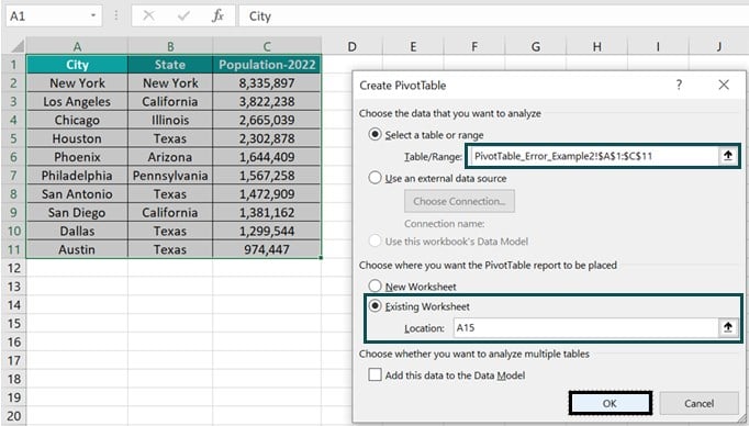 Pivot Table field Name not Valid - Example 2 - Step 2