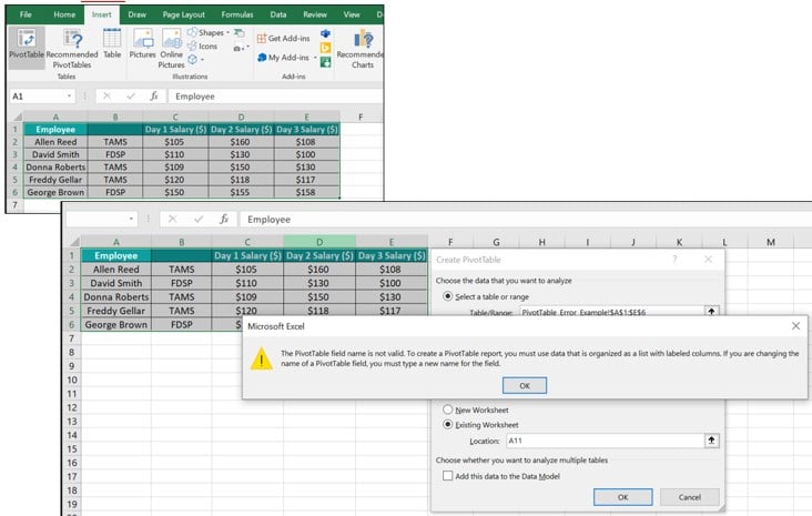 Pivot Table field Name not Valid Intro - Table