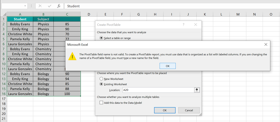 Pivot Table field Name not Valid - Example 1 - Step 2 - error