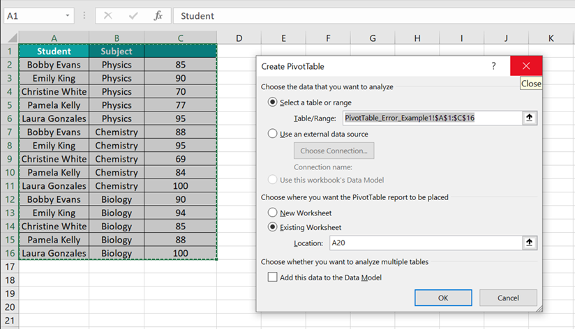 Pivot Table field Name not Valid - Example 1 - Step 3