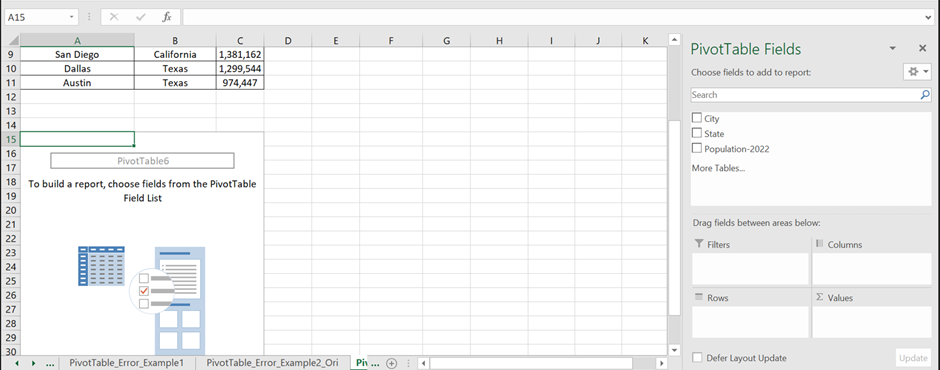 Pivot Table field Name not Valid - Example 2 - Step 2 - field