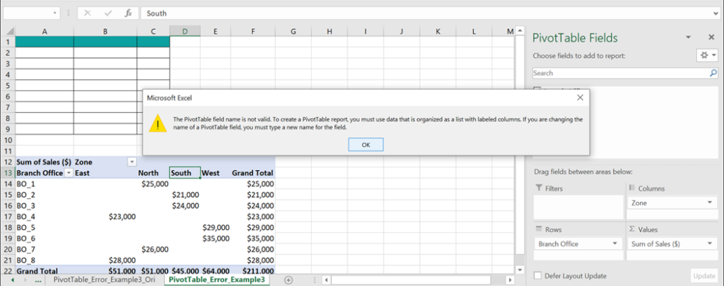 Pivot Table field Name not Valid - Example 3 - Step 2 - error