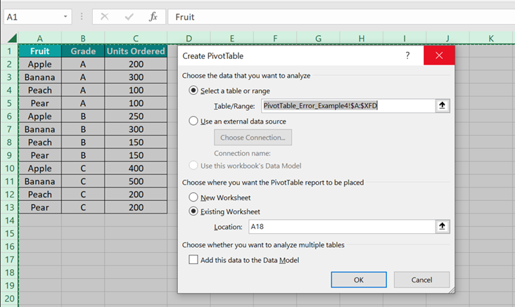Pivot Table field Name not Valid - Example 4 - Step 2 - close