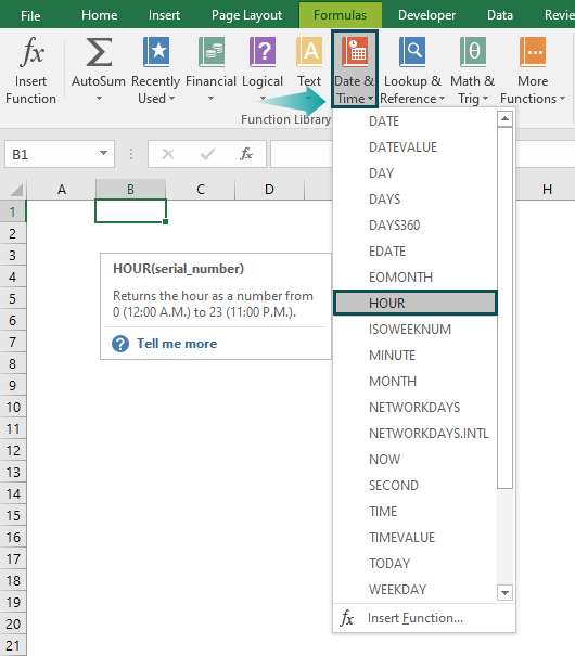 Access From The Excel Ribbon - Hour Function