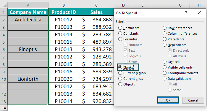 Excel Fill Down - Example 1 - step 4