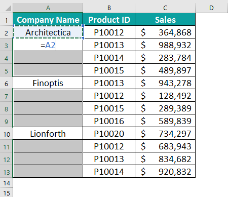 Excel Fill Down - Example 1 - step 6