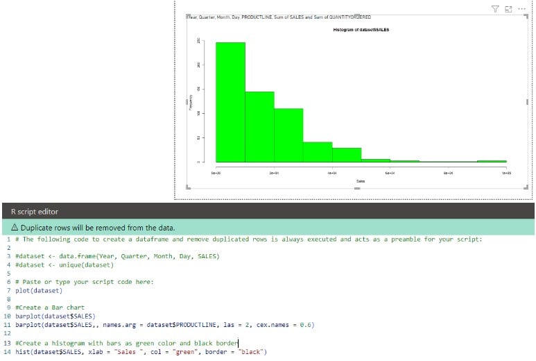 R scripts in Power BI - Example 2 - Step 7 - Histogram