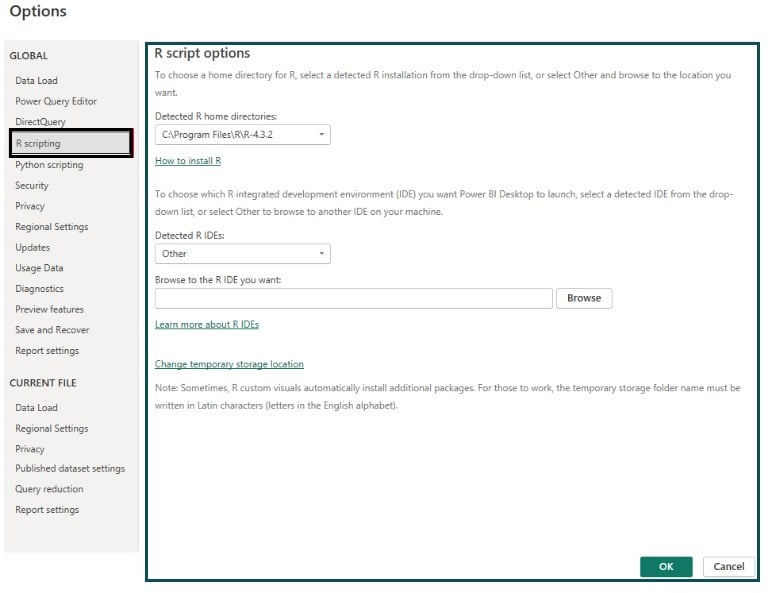 R scripts in Power BI - Step 2 - Options