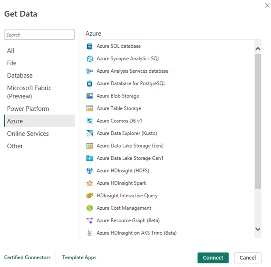 Power bi integration with Azure - Get Data