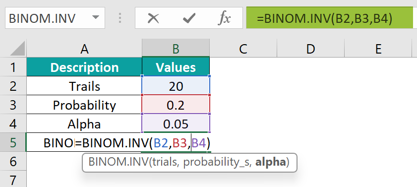 BINOM.INV Excel Example 3 Step 1