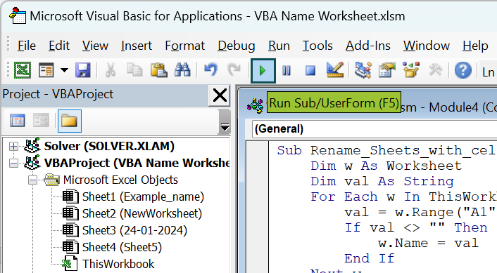 Excel - VBA Name Worksheet in Excel - Example 2 - Step 8a