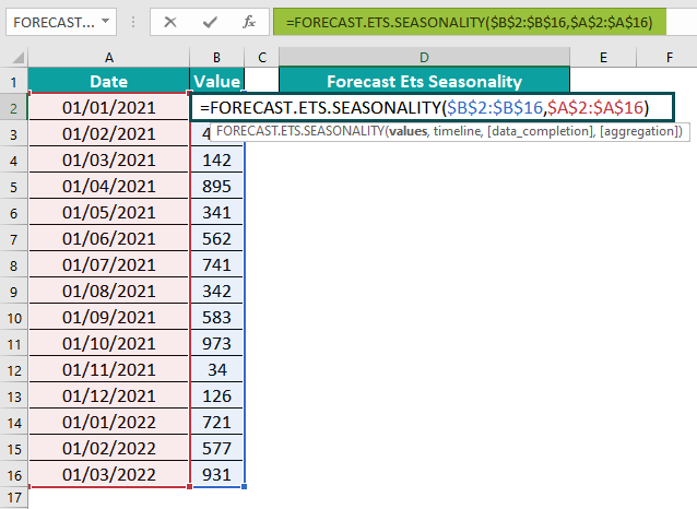 FORECAST.ETS.SEASONALITY Example 3 - Step 1