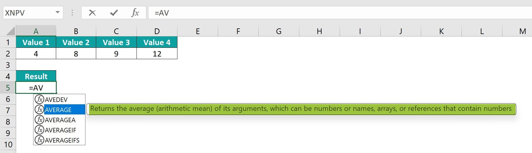 Insert Function in Excel - Example 1 Step 1
