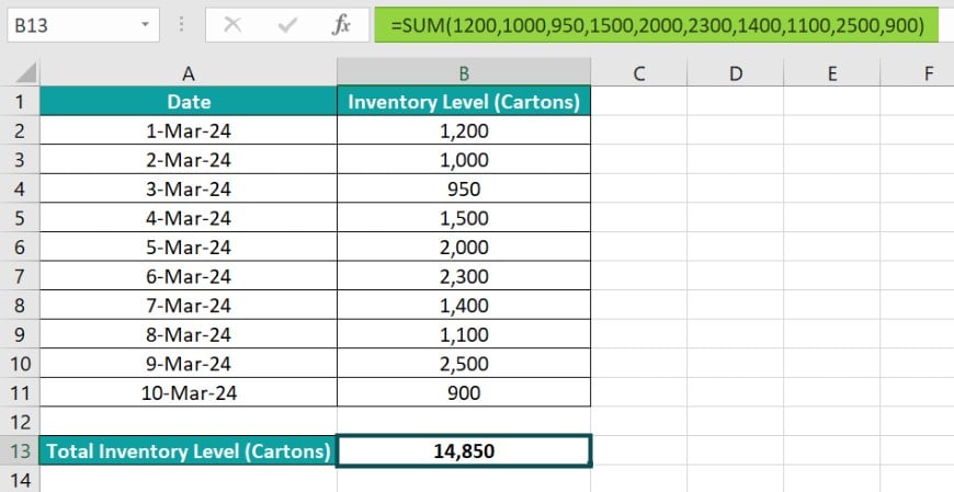 Sum Multiple Rows Excel - Example 1 - Step 1 - Values