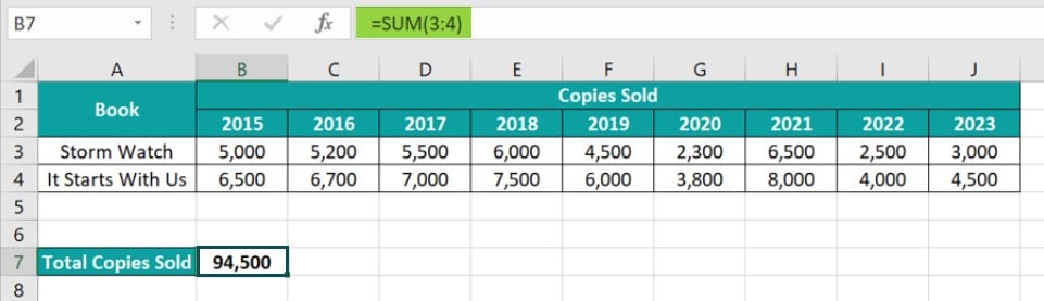Sum Multiple Rows Excel - Example 3 - Step 2