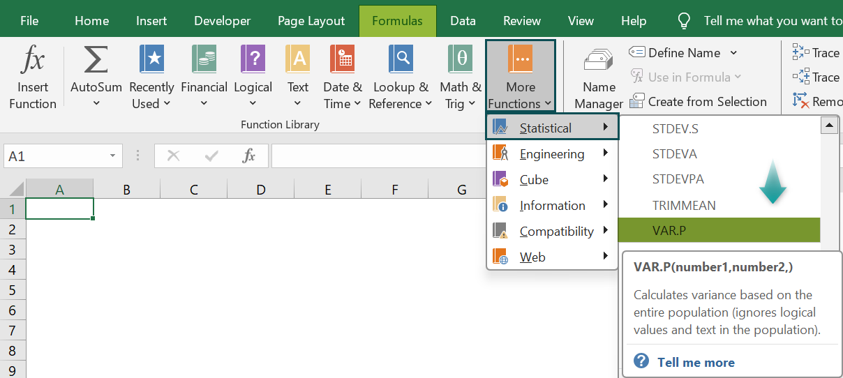 VAR.P Excel - Access from the Excel ribbon