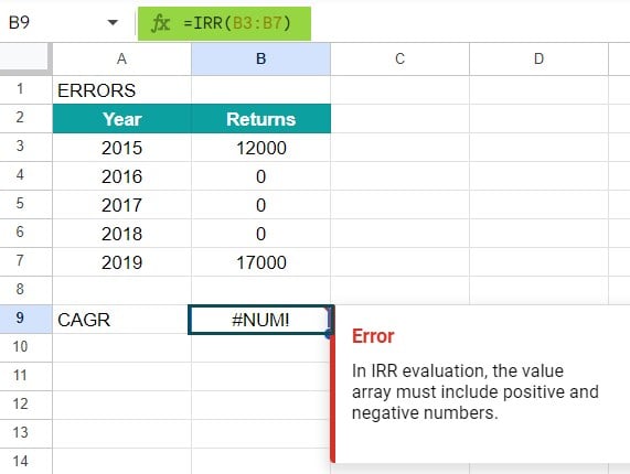 CAGR Formula in Google Sheets Errors 1