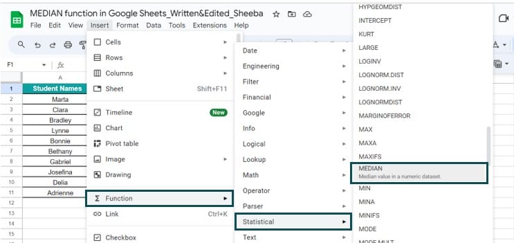MEDIAN Google Sheets function Example 2-1