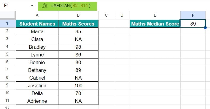 MEDIAN Google Sheets function Example 2-3