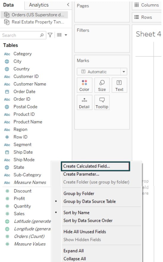 Tableau Bullet Graph - Create - Step 2