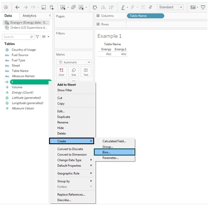 Sankey chart in Tableau - Example 1 - Step 3 - bin