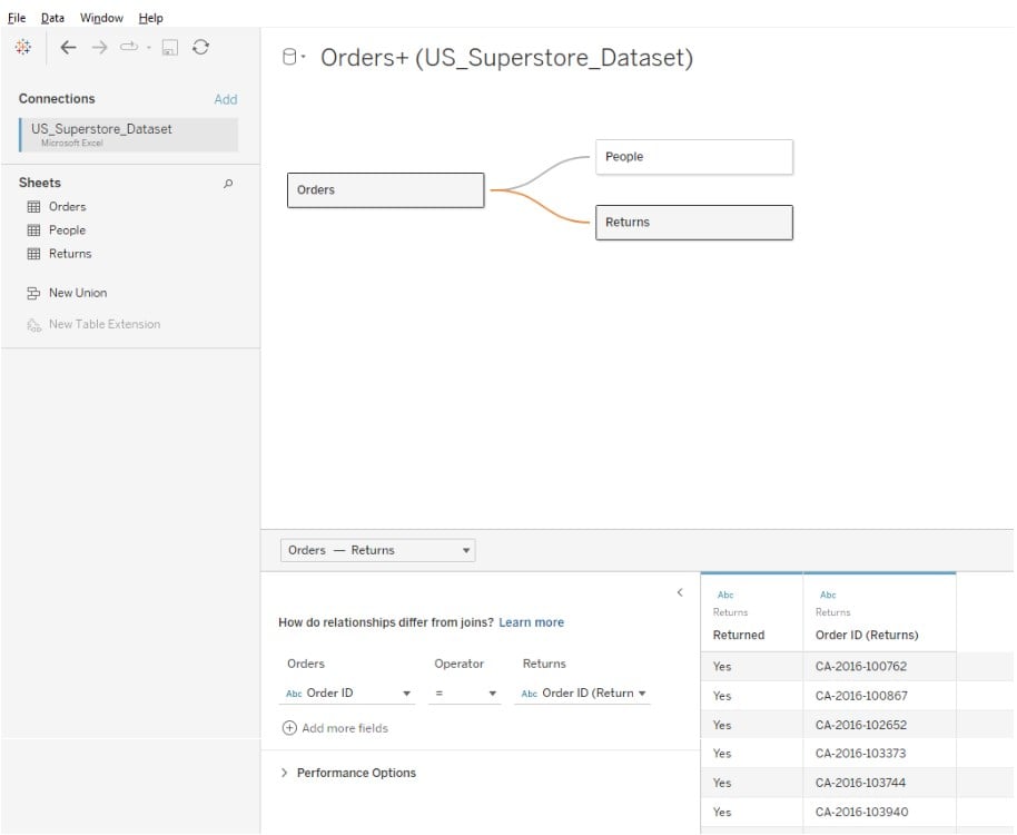 Tableau Relationship - Create - Step 5 - Canvas