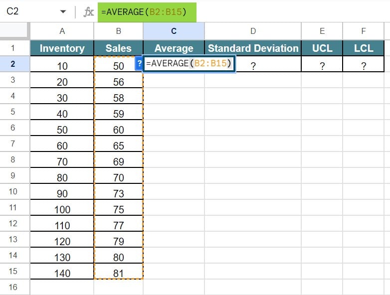 Control Charts in Google Sheets - Example 1 - Step 2